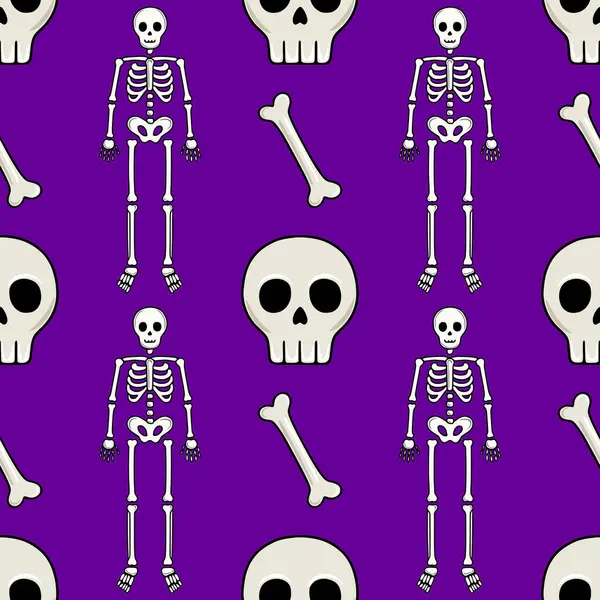 Çizgi film iskeletleri, kafatasları ve canlı mor arka planda kemikleri olan kusursuz vektör Cadılar Bayramı deseni, şenlik tasarımları ve ürkütücü temalı projeler için ideal..