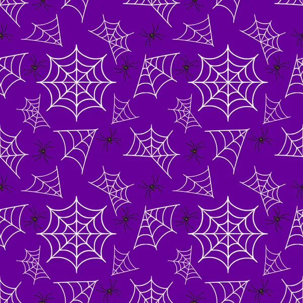 Pırıl pırıl mor bir arka planda beyaz örümcek ağları ve siyah örümcekleri olan kusursuz bir vektör Cadılar Bayramı deseni. Ürkütücü temalı tasarımlar ve şenlikli dekorasyonlar için ideal..