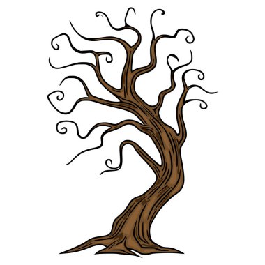 Kıvrımlı dalları olan, cadılar bayramı veya sonbahar tasarımları için mükemmel, doğanın eşsiz sanatsal yorumunu gösteren, biçimlendirilmiş çıplak bir ağacın garip bir temsili..