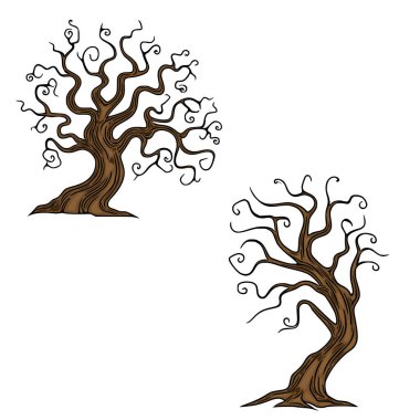 Kıvrımlı dalları olan iki çıplak ağacın vektör çizimi, Cadılar Bayramı veya sonbahar tasarımları için mükemmel, eşsiz sanatsal detaylar ve koyu kahverengi palet.