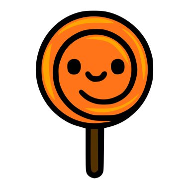 Gülen turuncu bir lolipopun, belirgin bir girdap deseni ve koyu siyah çizgisi olan, Cadılar Bayramı veya sonbahar temalı tasarımlar için mükemmel bir vektör çizimi..