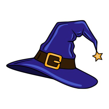 Koyu mavi gövdeli tuhaf cadıların şapkalarının vektör çizimi altın tokalı kahverengi kuşak ve Cadılar Bayramı tasarımları için mükemmel küçük altın yıldız..