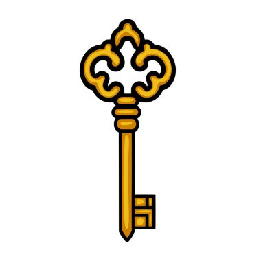 Beyaz bir arka planda izole edilmiş, karmaşık detaylar içeren, klasik bir altın anahtarın vektör çizimi..