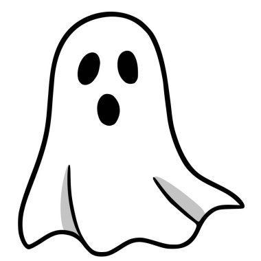 Şaşırmış bir ifadeyle bir çizgi film hayaletinin oyuncu temsili. Cesur siyah çizgiler ve tuhaf bir cadılar bayramı tasarımı için ince gri gölgeler..