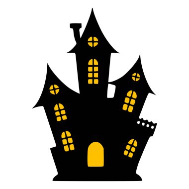 Perili bir evin ürkütücü Cadılar Bayramı tasviri. Parlayan sarı pencereleri var. Tatil tasarımları ve dekorasyonlar için mükemmel..