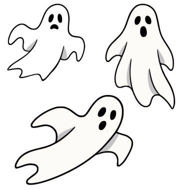 Çeşitli pozlarda üç çizgi film hayaletinin yer aldığı oyuncu bir vektör illüstrasyonu, her biri kendine has yüz ifadeleriyle, kaprisli ve neşeli bir Cadılar Bayramı teması sergiliyor..