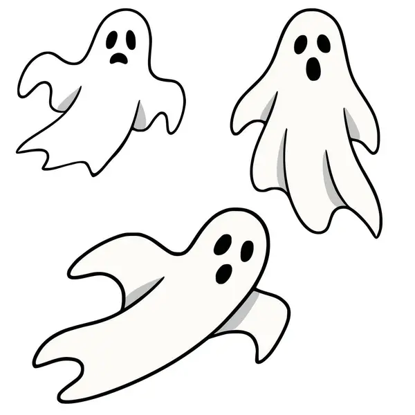 Çeşitli pozlarda üç çizgi film hayaletinin yer aldığı oyuncu bir vektör illüstrasyonu, her biri kendine has yüz ifadeleriyle, kaprisli ve neşeli bir Cadılar Bayramı teması sergiliyor..