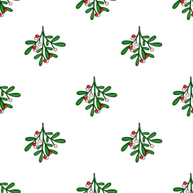 Beyaz arka planda kırmızı ve beyaz böğürtlenli ökseotu filizlerinin kusursuz vektör deseni, Noel temalı tasarımlar ve şenlikli dekorasyonlar için mükemmel..