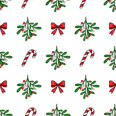 Beyaz arka planda ökseotu dalları, şeker kamışları ve kırmızı kurdeleli kusursuz Noel deseni, şenlik tasarımları için mükemmel..