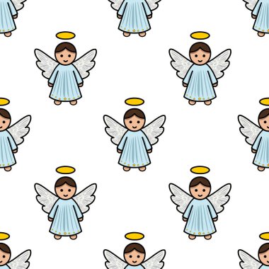 Açık mavi cüppeli, haleli ve kanatlı, Noel veya dini tasarımlar için mükemmel şirin bebek meleklerin kusursuz vektör deseni..