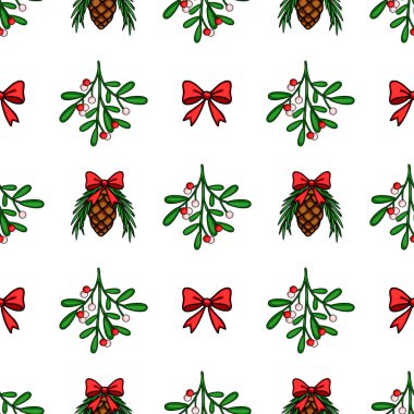 Elle çizilmiş ökse otu dalları, kırmızı yaylarla süslenmiş çam kozalakları ve el değmemiş beyaz arka planda canlı kırmızı fiyonklar ile kusursuz bir Noel deseni, şenlikli tasarımlar için ideal..