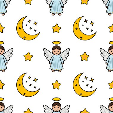Sevimli meleklerin, hilal aylarının ve yıldızların kusursuz vektör deseni, Noel veya bebek temalı tasarımlar için mükemmel..