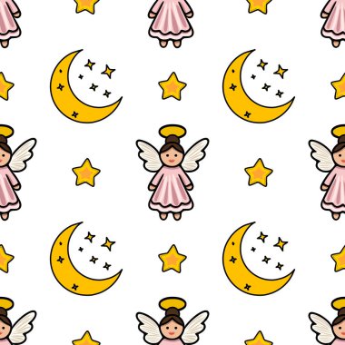 Sevimli meleklerin, hilal aylarının ve yıldızların kusursuz vektör deseni, Noel veya bebek temalı tasarımlar için mükemmel..