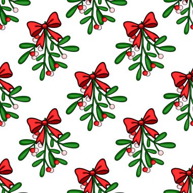 Kırmızı fiyonklarla süslenmiş ökse otunun kusursuz vektör deseni beyaz arka planda kırmızı ve pembe böğürtlenler, şenlikli Noel tasarımları için ideal..