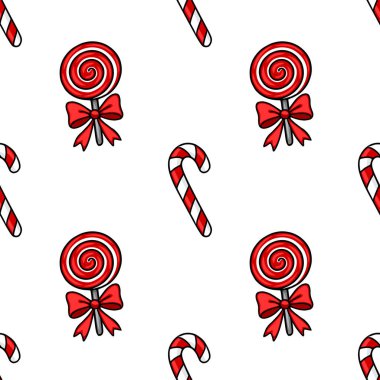 Hoş kırmızı ve beyaz lolipoplar, yay ve şeker kamışlarıyla kusursuz vektör deseni, neşeli ve neşeli bir Noel tasarımı yaratıyor..