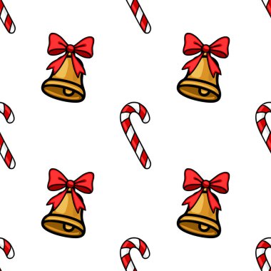 Kırmızı yaylı ve şeker kamışlı altın çanlar içeren kusursuz bir vektör Noel deseni, bayram ambalaj kağıdı veya şenlikli arka planlar için ideal şenlikli ve neşeli bir kış tasarımı yaratıyor..