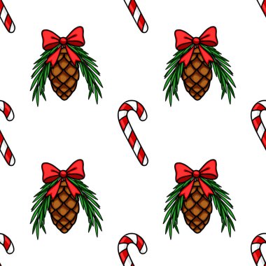 Süslü çam kozalakları ve şeker kamışlarıyla kusursuz bir Noel deseni, el yapımı ve canlı kırmızı, yeşil ve kahverengi renklere sahip, festival tasarımları için mükemmel..