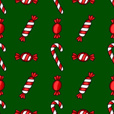 Elle çizilmiş Noel şekerleri ve koyu yeşil arka planda paketlenmiş şekerlemelerin kusursuz vektör deseni, kış tatilleri için şenlikli ve oyuncu bir tasarım yaratıyor..