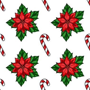 Canlı noktalı çiçekleri ve baston şekerleri içeren kusursuz bir Noel deseni, festival tasarımları ve tatil ambalaj kağıtları için ideal..