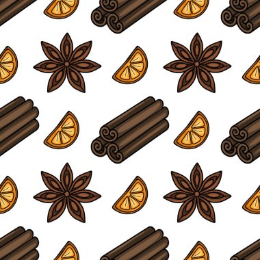 Elle çizilmiş tarçın çubukları, yıldız anasonu ve portakal dilimlerinden oluşan kusursuz vektör deseni, şenlikli kış tasarımları ve tatil ambalajları için ideal..