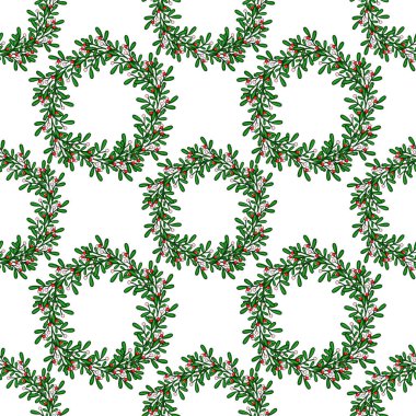 Kırmızı ve pembe böğürtlenli zarif Noel ökseotu çelenklerinin kusursuz vektör deseni, bayram tasarımları ve kış arkaplanları için mükemmel..