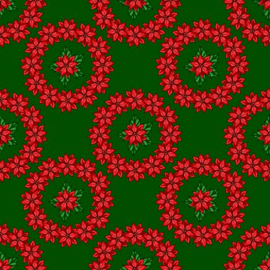 Parlak kırmızı noktalı noktalı çiçeklerin kusursuz vektör deseni, koyu yeşil arka planda dairesel çelenklerle düzenlenmiş, neşeli bir Noel tasarımı yaratıyor..