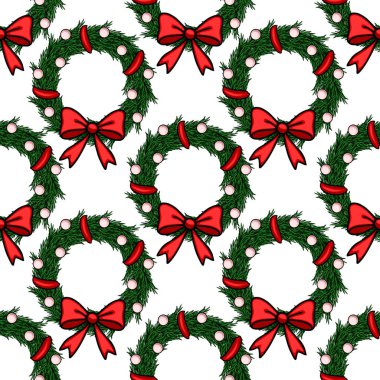 Kırmızı yay ve böğürtlenli kusursuz Noel çelenkleri, şenlikli arka planlar ve kış tatili tasarımları için mükemmel..