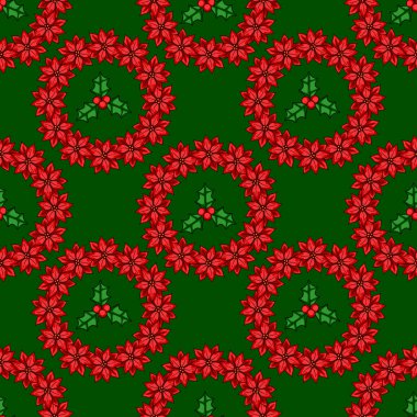 Kırmızı noktalı Noel deseni ve koyu yeşil arka planda kutsal meyveler. Şenlik tasarım projeleri için mükemmel..