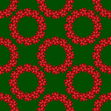 Koyu yeşil arka planda dairesel çelenklerle düzenlenmiş kırmızı noktalı çiçeklerin kusursuz vektör deseni kağıt ya da tekstil baskıları için ideal bir Noel tasarımı oluşturur..