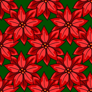 Koyu yeşil arka planda biçimlendirilmiş kırmızı noktalı çiçek desenli kusursuz bir Noel deseni, şenlikli tasarımlar ve kış tatili projeleri için mükemmel..