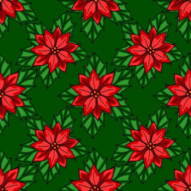 Şenlikli Noel tasarımları için mükemmel, koyu yeşil arka planda kırmızı yapraklar ve canlı yeşil yapraklarla biçimlendirilmiş noktalı noktalı çiçeklerin kusursuz vektör deseni..