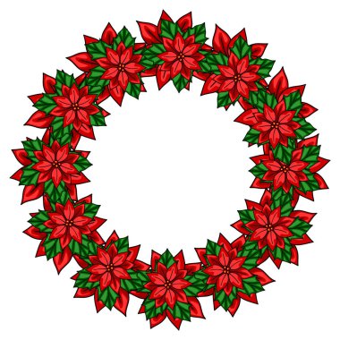 Canlı kırmızı noktalı noktalı çiçekleri ve yemyeşil yaprakları olan, tatil kartları ve davetiyeler için mükemmel bir Noel çelengi tasarımı..