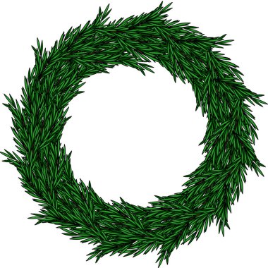 Ayrıntılı yeşil dallardan oluşan dairesel bir çerçeveye sahip zarif bir Noel vektör çelengi tasarımı, festival davetiyeleri veya tatil dekorasyonları için mükemmel..