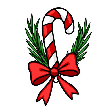 Canlı kırmızı bir fiyonk ve yemyeşil filizlerle süslenmiş bir şeker kamışının Noel temsili. Bayram tasarımları için mükemmel..
