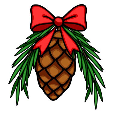 Canlı kırmızı bir yay ve yemyeşil çam dallarıyla süslenmiş bir kozalağın kutlama vektör çizimi, tatil tasarımları için mükemmel..