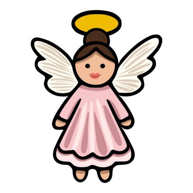 Pembe elbiseli, bej kanatlı sevimli bir melek kızı, Noel kartları veya çocuk kitapları çizimleri için mükemmel bir tasvir..