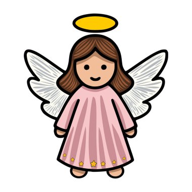 Detaylı kanatları olan bir Noel meleğinin, yıldızlarla süslenmiş pembe bir elbisenin ve şenlikli tasarımlar için mükemmel bir altın halenin harika bir temsili sunumu..