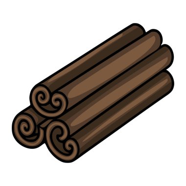 Bir demet tarçın çubuğunun ayrıntılı vektör çizimi, titizlikle kıvrımlı uçlar ve zengin kahverengi renkler ile hazırlanmış, benzersiz bir izometrik perspektif sergiliyor.