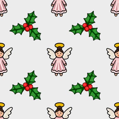 Kusursuz bir Noel deseni. İçinde halesi, kanatları ve kutsal meyveleri olan sevimli pembe melekler var. Kış tatili için mükemmel, büyüleyici ve şenlikli bir tasarım..