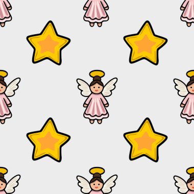 Pembe elbiseli ve altın yıldızlı sevimli çizgi film meleklerinin Noel 'de ya da tatil tasarımlarında mükemmel olduğu kusursuz bir model..