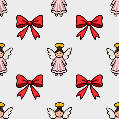 Pembe elbiseli ve parlak kırmızı fiyonklu sevimli çizgi film meleklerini içeren kusursuz bir vektör deseni var. Noel şenliği için mükemmel..