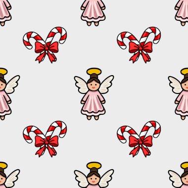 Pembe elbiseli ve kırmızı kurdeleli şeker kamışlı sevimli meleklerin büyüleyici ve şenlikli bir tasarım yarattığı kusursuz bir Noel deseni..