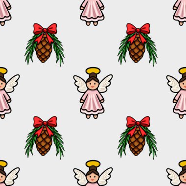 Pembe elbiseli ve kırmızı yaylı çam kozalaklı sevimli meleklerin yer aldığı kusursuz Noel deseni tatil projeleri için büyüleyici ve şenlikli bir tasarım yaratıyor..