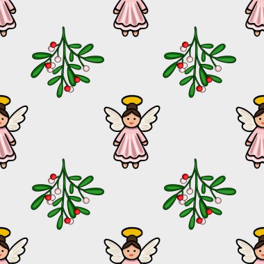 Pembe elbiseli ve kırmızı ve beyaz böğürtlenli ökse otu filizli sevimli meleklerin yer aldığı kusursuz bir Noel deseni büyüleyici ve şenlikli bir tasarım yaratıyor..