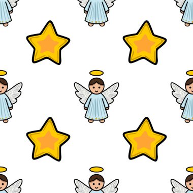 Kusursuz vektör Noel deseninde haleli ve altın yıldızlı sevimli meleklerin yer aldığı, tatil kartları ve ambalaj kağıtları için ideal büyüleyici ve şenlikli bir tasarım yaratan,.