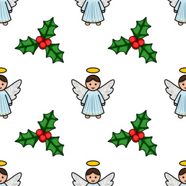 Kusursuz vektör Noel deseninde haleler ve çoban dutları serpiştirilmiş sevimli melek melekleri kış tatili için ideal büyüleyici ve şenlikli bir tasarım yaratıyor..
