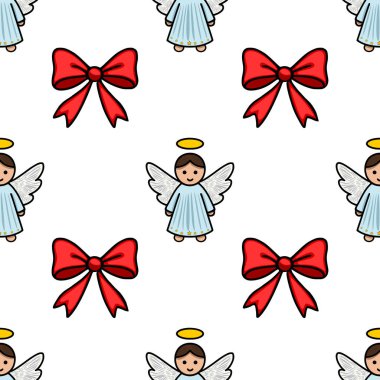 Kusursuz vektör desenli, haleli ve parlak kırmızı fiyonklu sevimli çizgi film melekleri Noel için mükemmel..