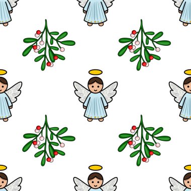 Kusursuz vektör desenli, haleler ve ökse otu dallarıyla büyüleyici çizgi film meleklerini sunan, şenlikli bir Noel tasarımı yaratan,.