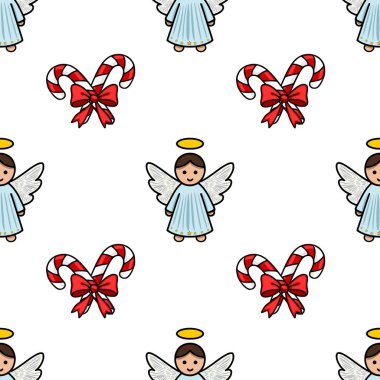 Kırmızı yaylarla bağlanmış haleler ve şeker kamışlarıyla sevimli meleklerin yer aldığı kusursuz bir Noel deseni büyüleyici ve şenlikli bir tasarım yaratıyor..