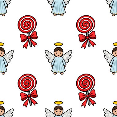Sevimli melek meleklerin ve kırmızı kıvrımlı fiyonklu lolipopların yer aldığı kusursuz bir vektör deseni, şenlikli arka planlar ve ambalaj kağıtları için mükemmel bir Noel tasarımı yaratıyor..